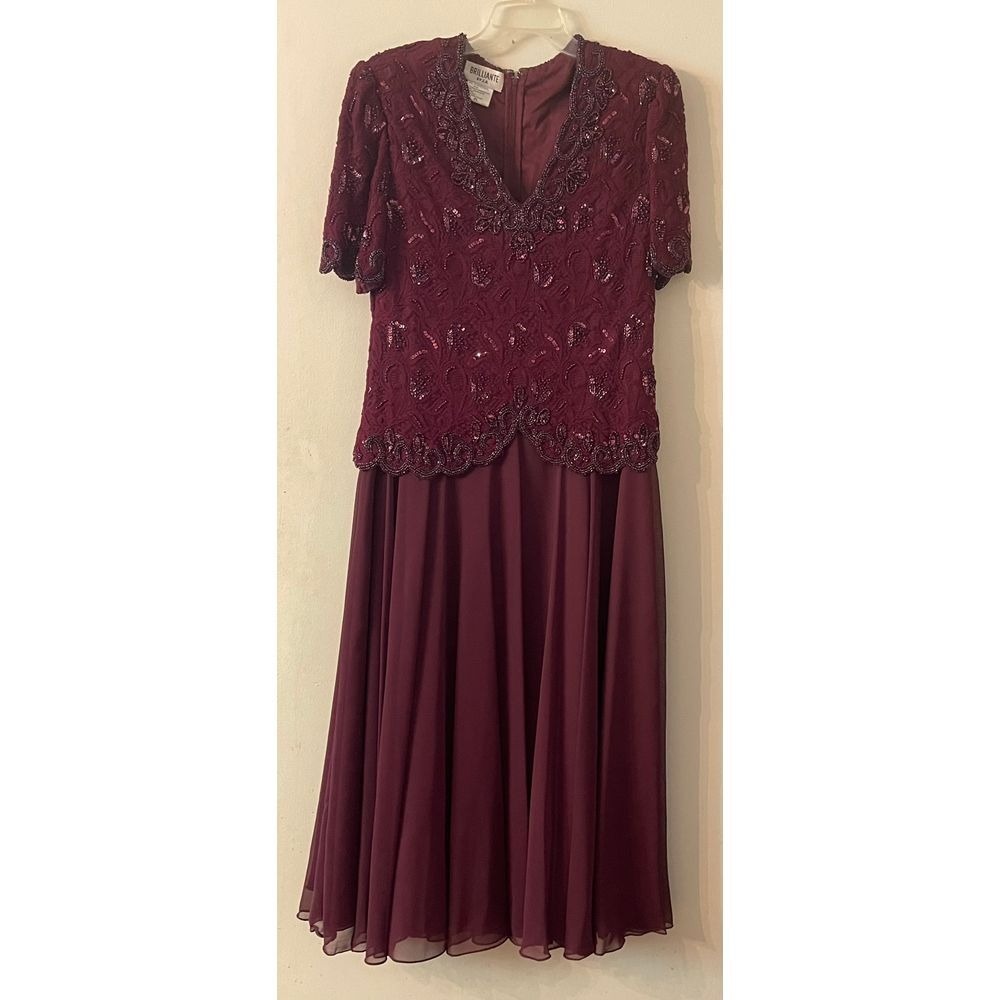 Brilliante Apparel Beaded‎ Dress Formal Party Midi Maroon Size XL Vintage 90's
